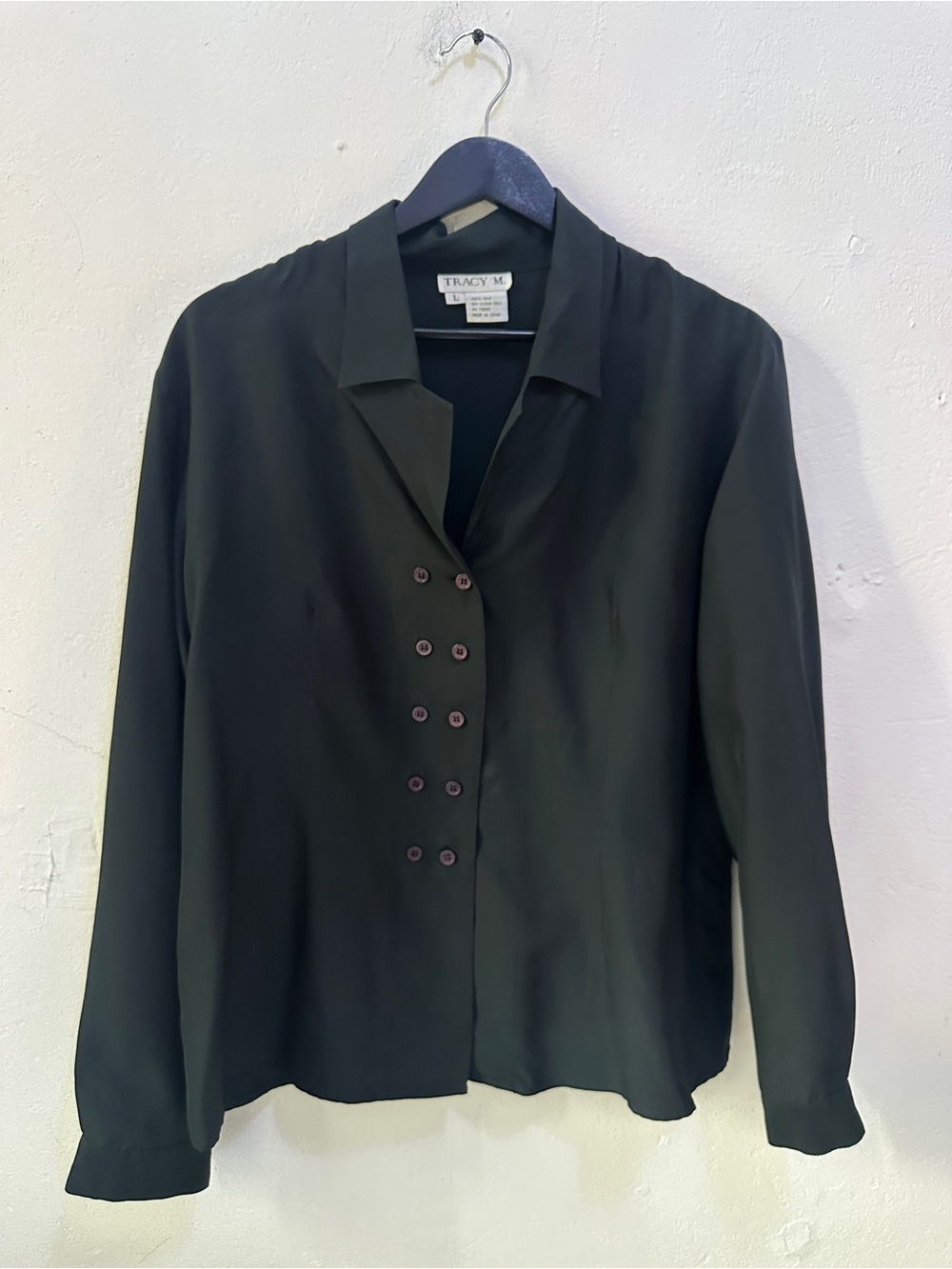 Tracy M 100% Silk Black Blouse Long Sleeve Button Front Collared Womens L